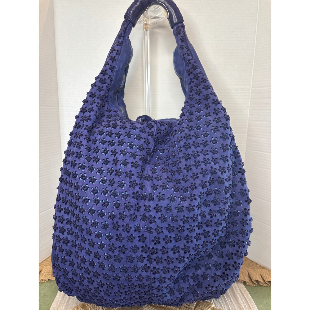 Errelleventidue Indigo Blue Leather Floral Hobo Shoulder Bag Made in Italy.
